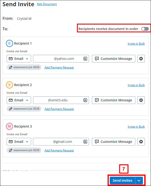 Recipients receive document in order toggled off